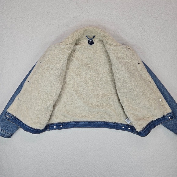 Gap Denim Sherpa Trucker Jacket Women's L Medium Wash Faux Shearling Lined - Picture 5 of 13